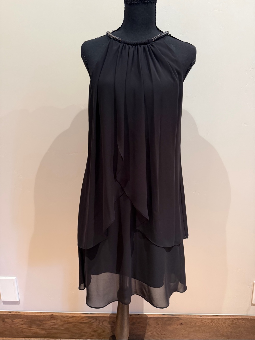 SLNY Black Beaded Halter High-Low Cocktail Dress